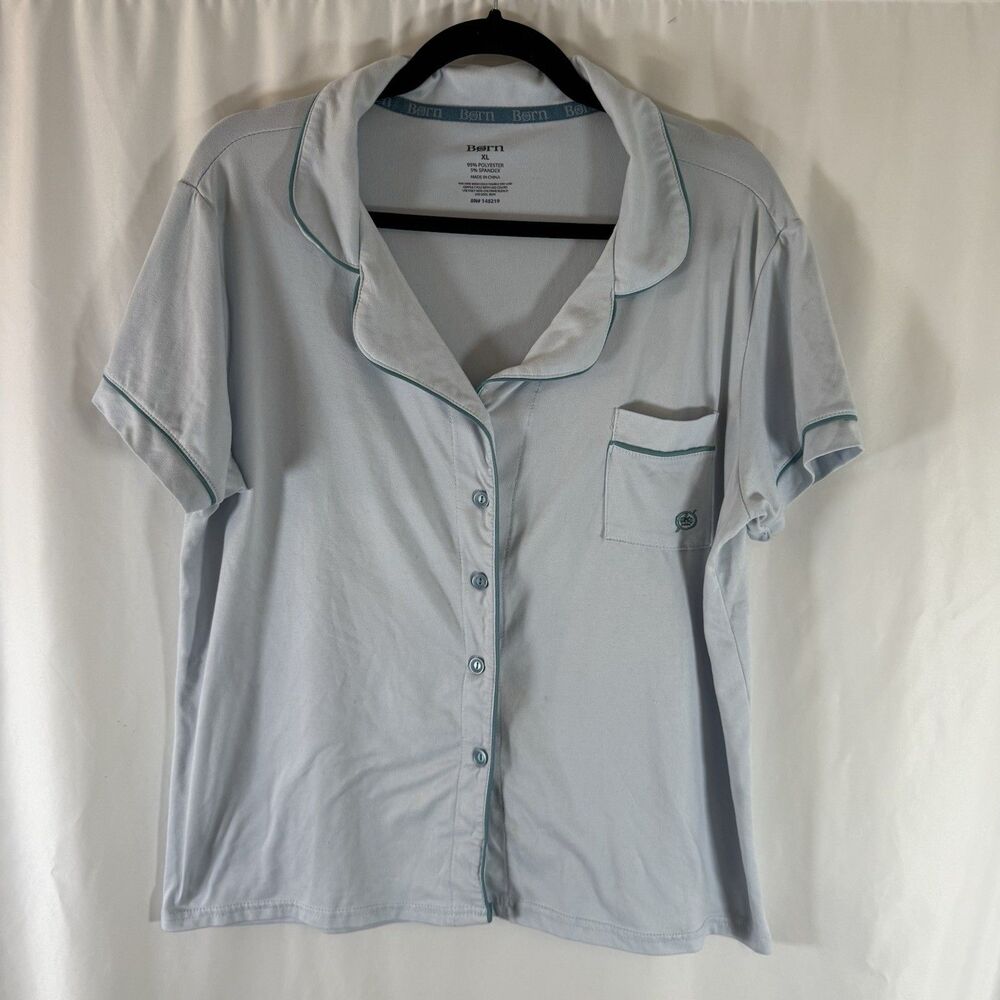 Born Pajama Top Women's XL Blue Button Up Short Sleeve Pocket Collared